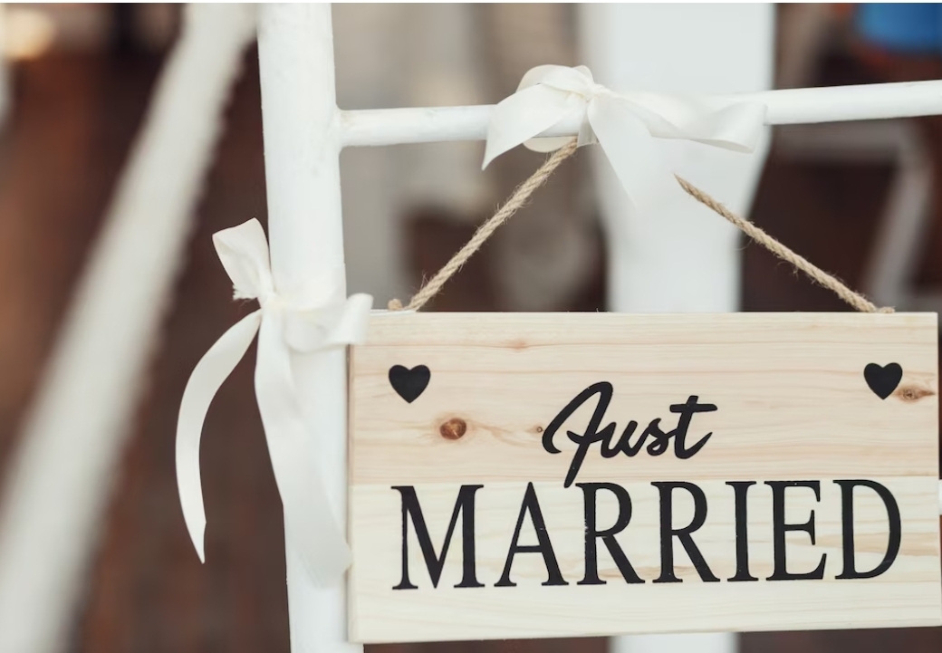Wooden just married hanging sign